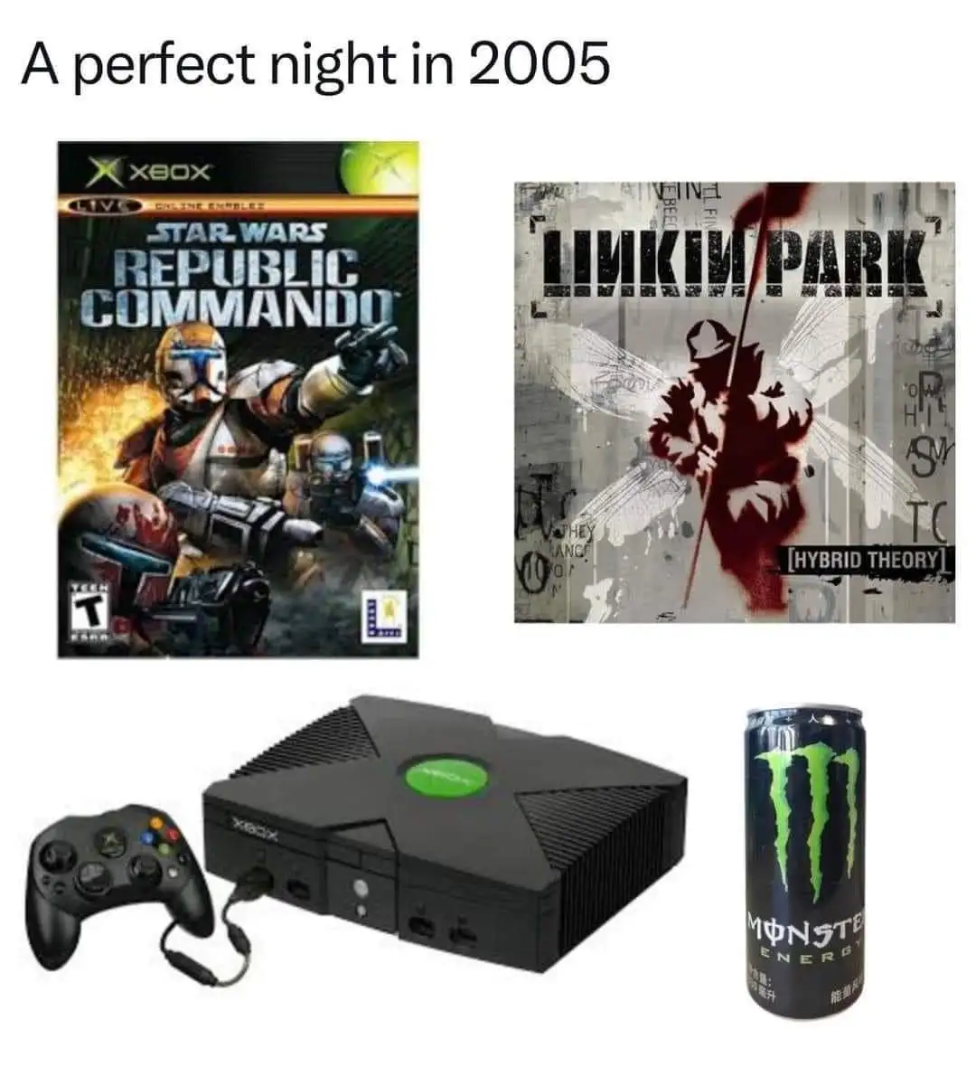 The image displays four items: the Xbox game 'Star Wars Republic Commando' cover, the Linkin Park album 'Hybrid Theory'…