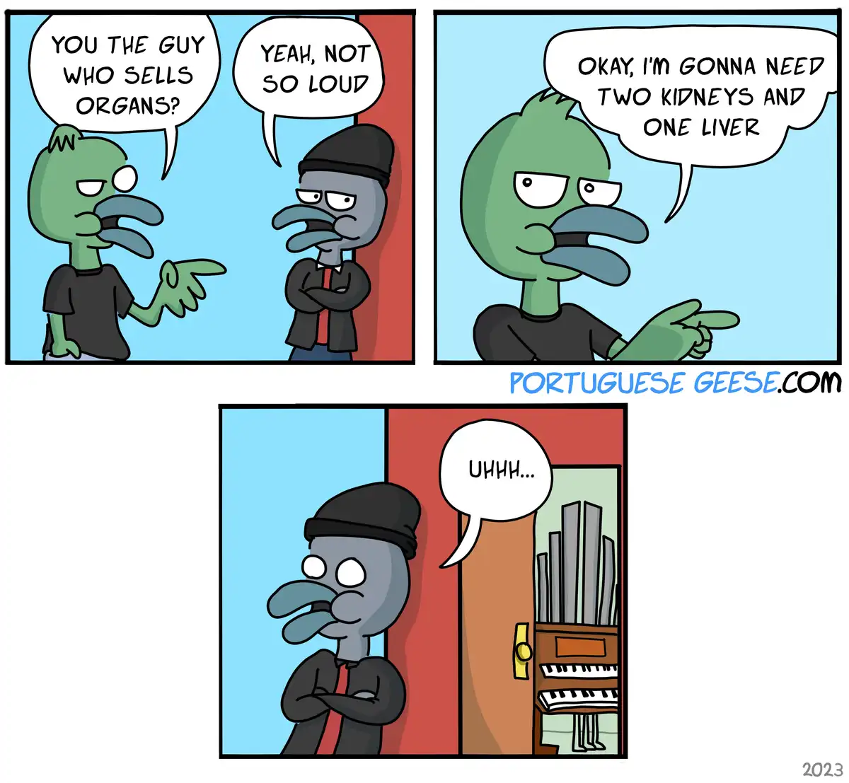 A three-panel comic featuring two green, duck-like cartoon characters. In the first panel, one character asks the other if…