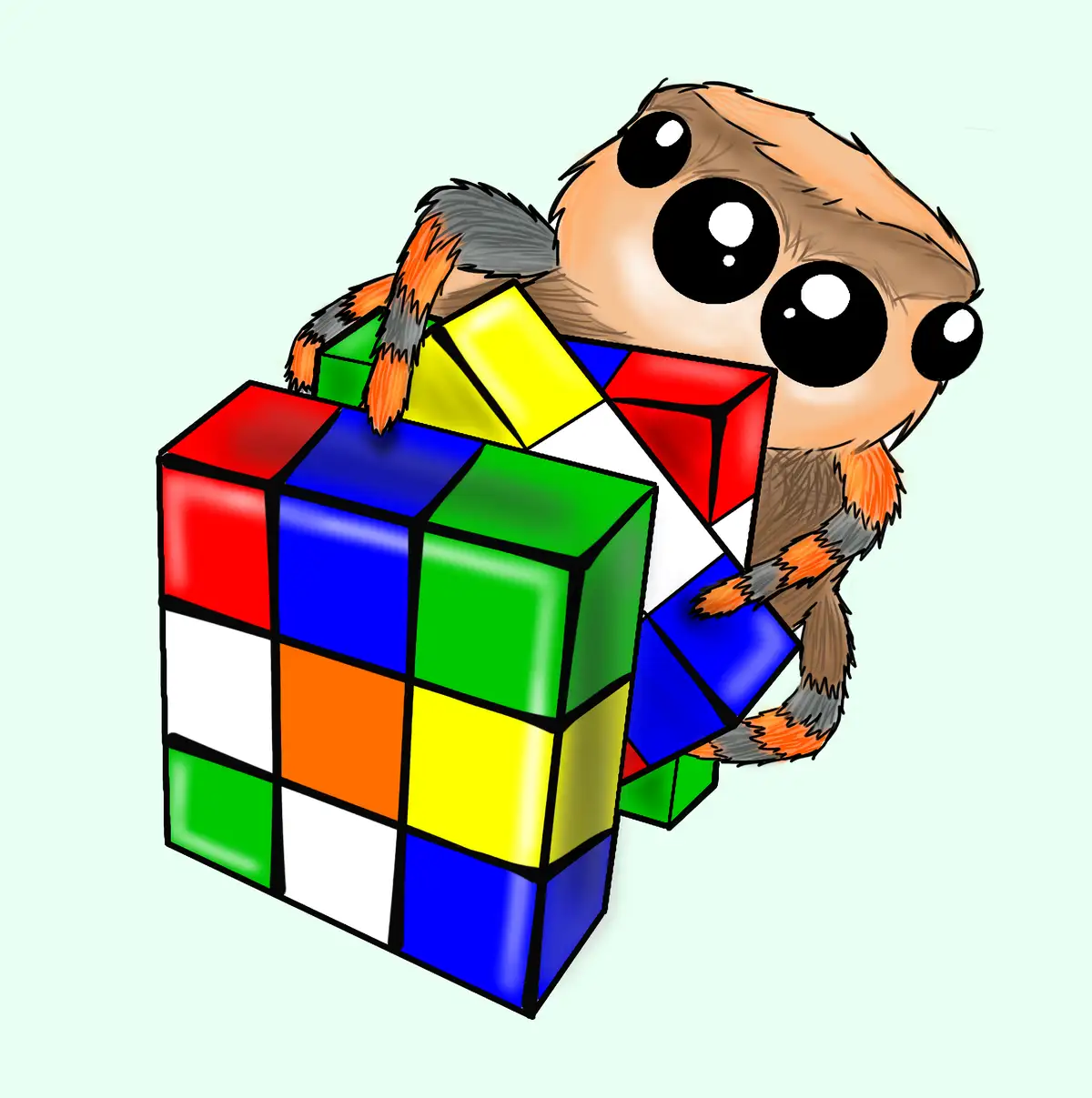 A cartoon animal with large, expressive eyes and a fluffy tail is shown emerging from a partially disassembled Rubik's Cube…
