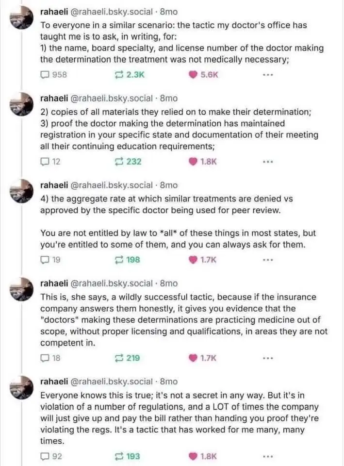 A screenshot of a social media thread where a user named 'rahaeli' details a tactic taught by their doctor's office to…