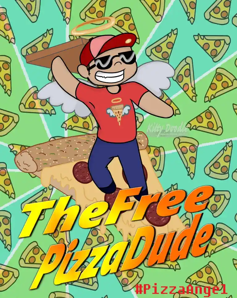 A cartoon man with angel wings, a halo, and sunglasses carries a pizza box while standing on a giant pizza slice. The…