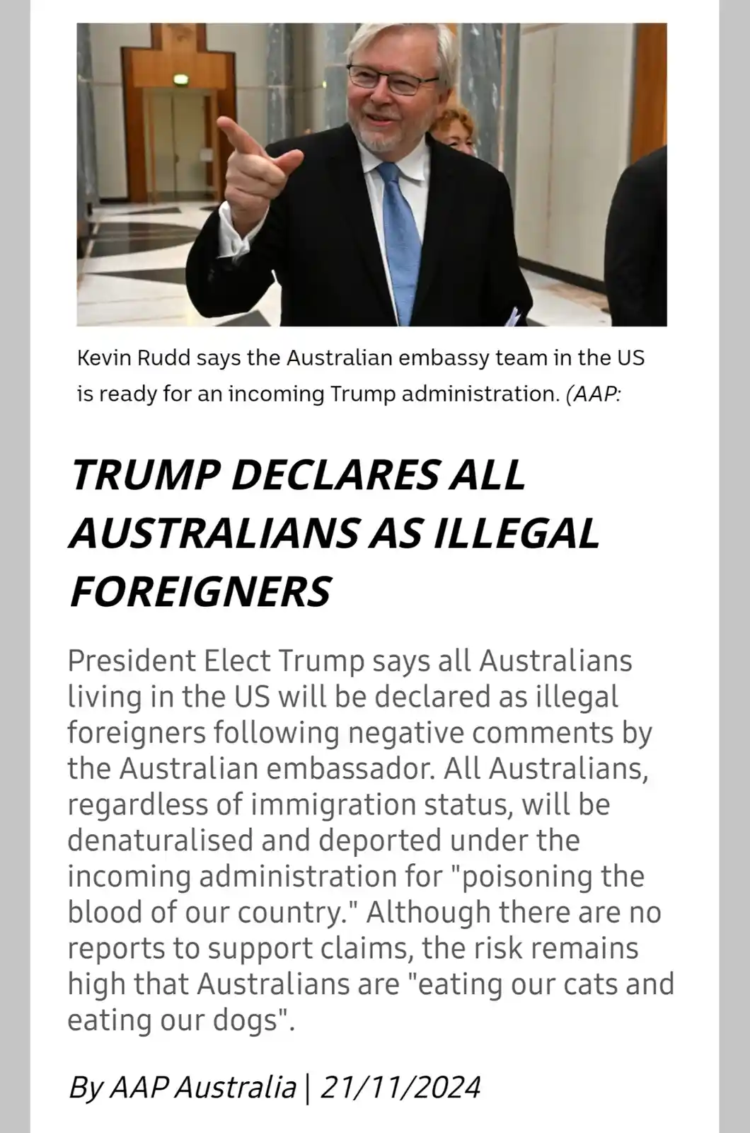 A photo of Kevin Rudd pointing and smiling, overlaid with fake news text claiming 'TRUMP DECLARES ALL AUSTRALIANS AS ILLEGAL…