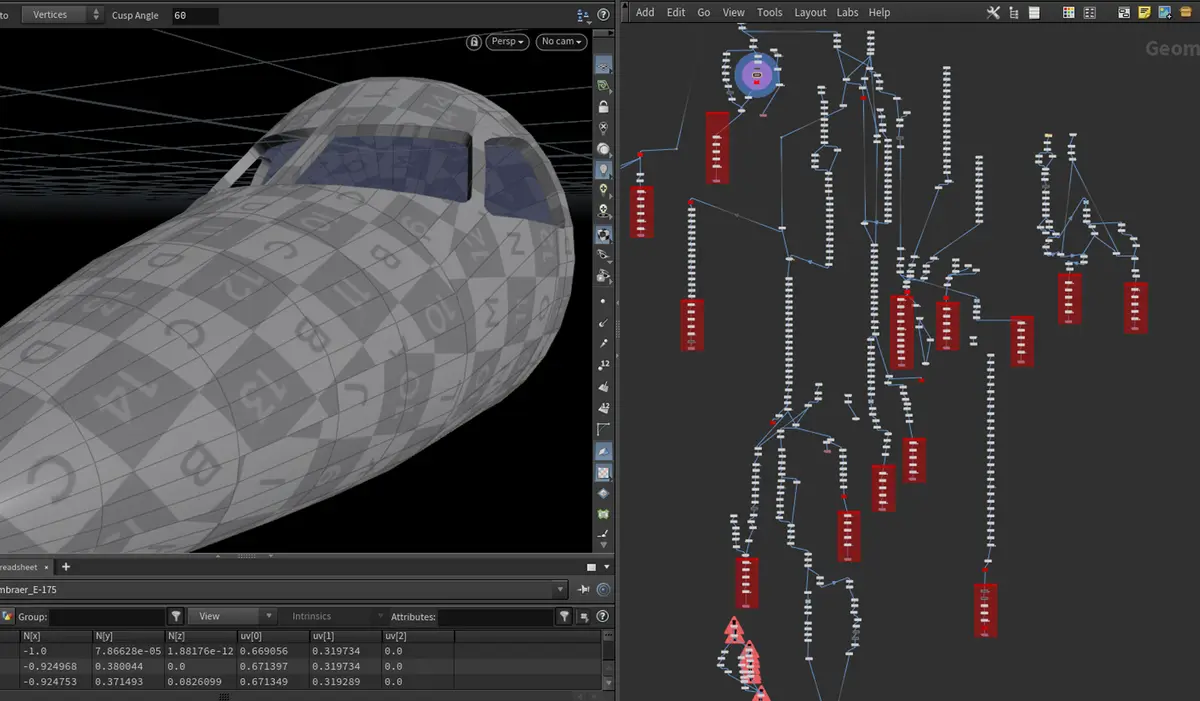 the image displays a 3d modeling software interface with a gray, grid-patterned airplane cockpit model on the left and a…