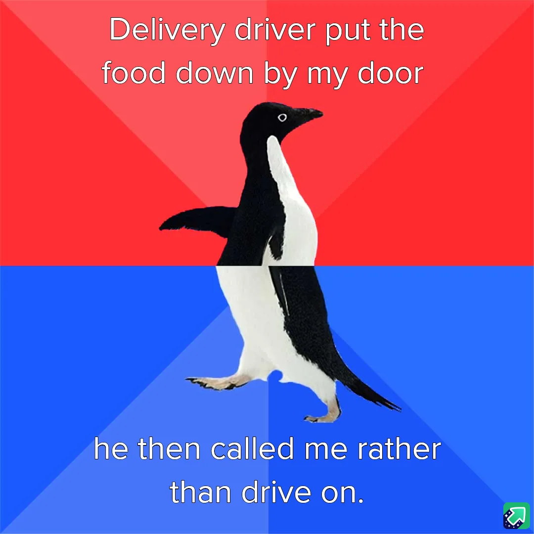 A penguin stands centered against a red and blue background, split horizontally. White text at the top reads 'Delivery…