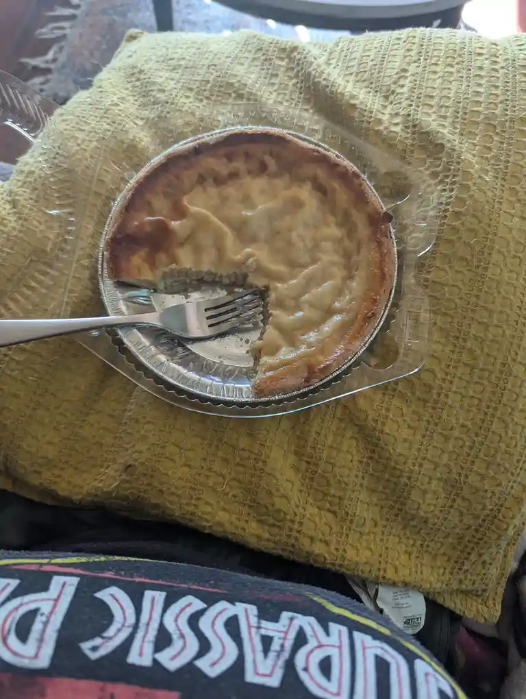 A partially eaten pie in a foil pan sits on a clear plastic lid atop a yellow textured blanket, with a fork resting in the…