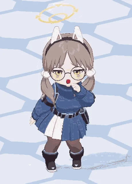 A chibi-style anime girl with glasses, cat ears, and a blue outfit is shown in six panels, each depicting her progressively…