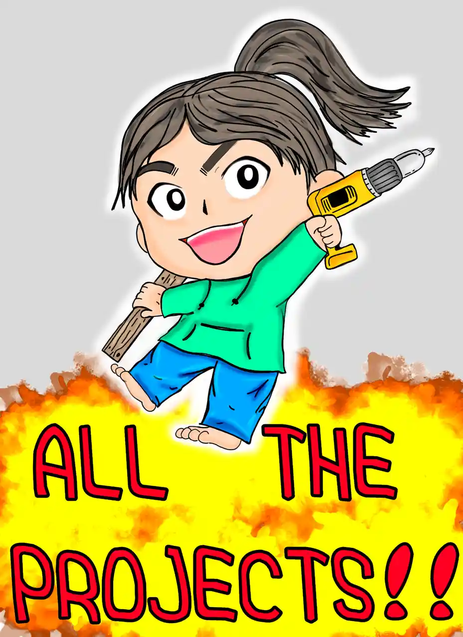 A cartoon child with brown hair in a ponytail, wearing a green shirt and blue pants, is joyfully holding a yellow power…