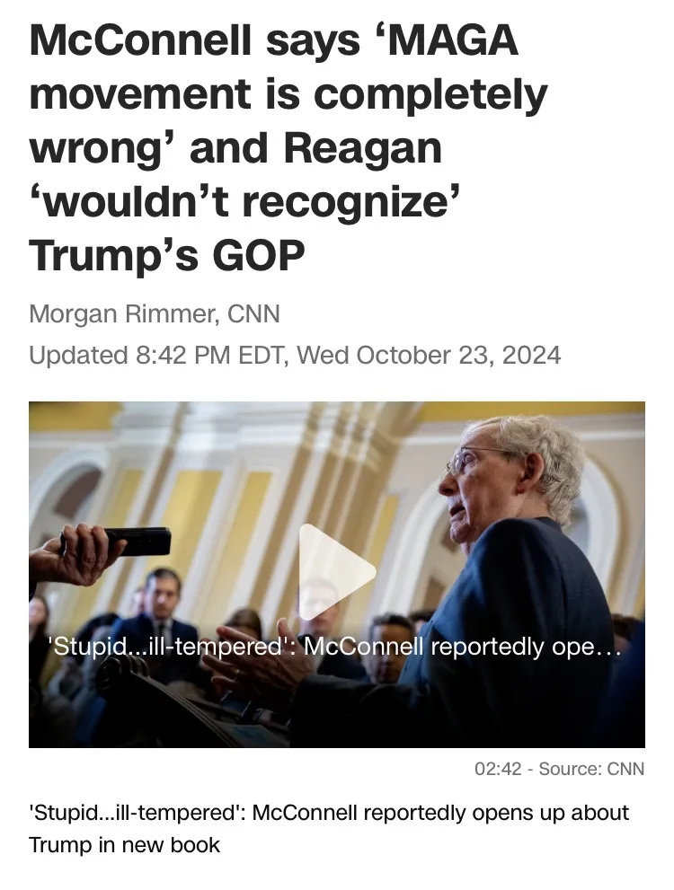 A screenshot of a CNN news article with a headline about McConnell criticizing the MAGA movement and Trump's GOP. The image…