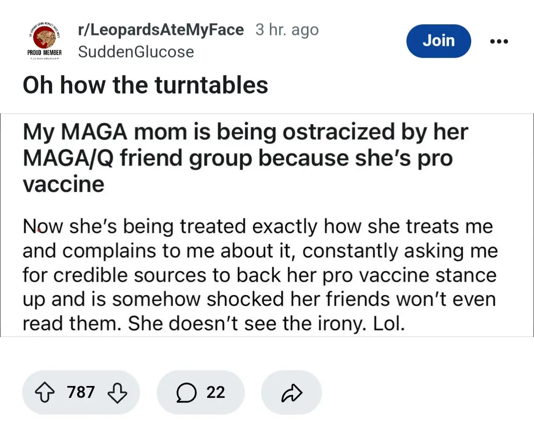 A Reddit post screenshot from r/LeopardsAteMyFace shows a user named SuddenGlucose complaining about their MAGA mom being…