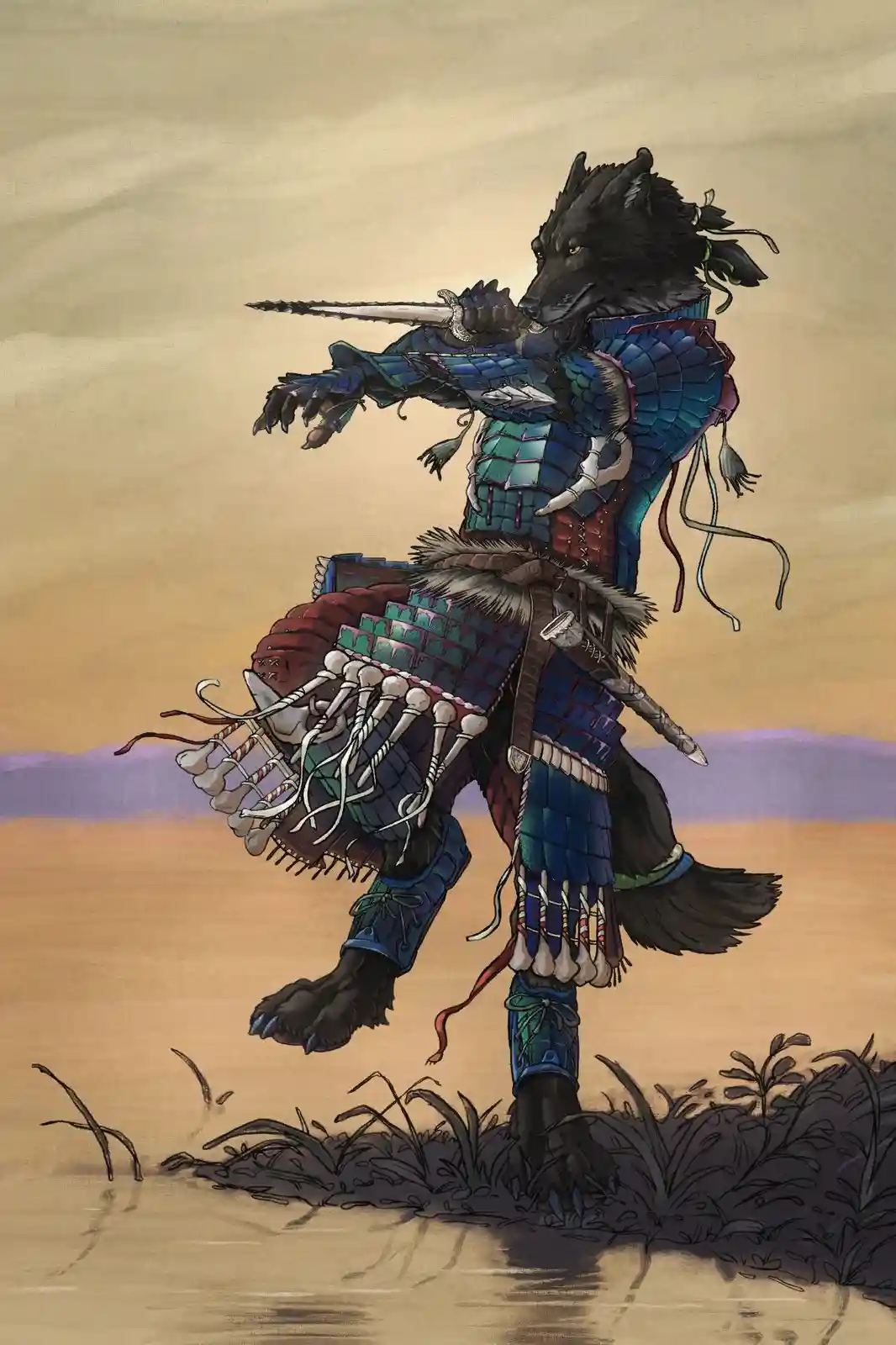 A black wolf with human-like posture stands in a desert landscape, wearing ornate blue and red segmented armor decorated…