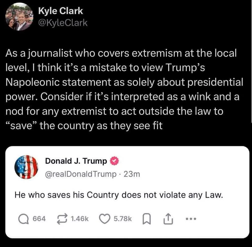 A screenshot of a Twitter thread shows journalist Kyle Clark's tweet criticizing Donald Trump's statement, followed by…