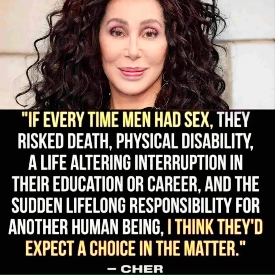 A portrait of Cher with dark curly hair and a neutral expression, overlaid with a black text box containing her quote about…