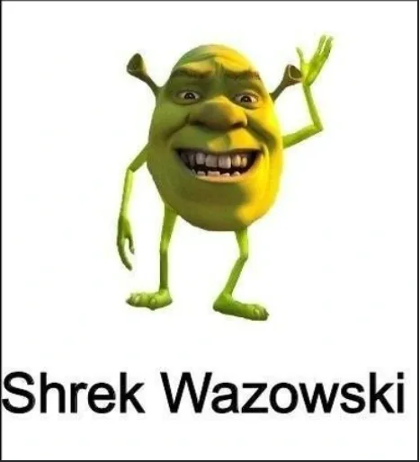 A green, cartoonish character with Shrek's face and body, waving cheerfully against a white background. The text 'Shrek…