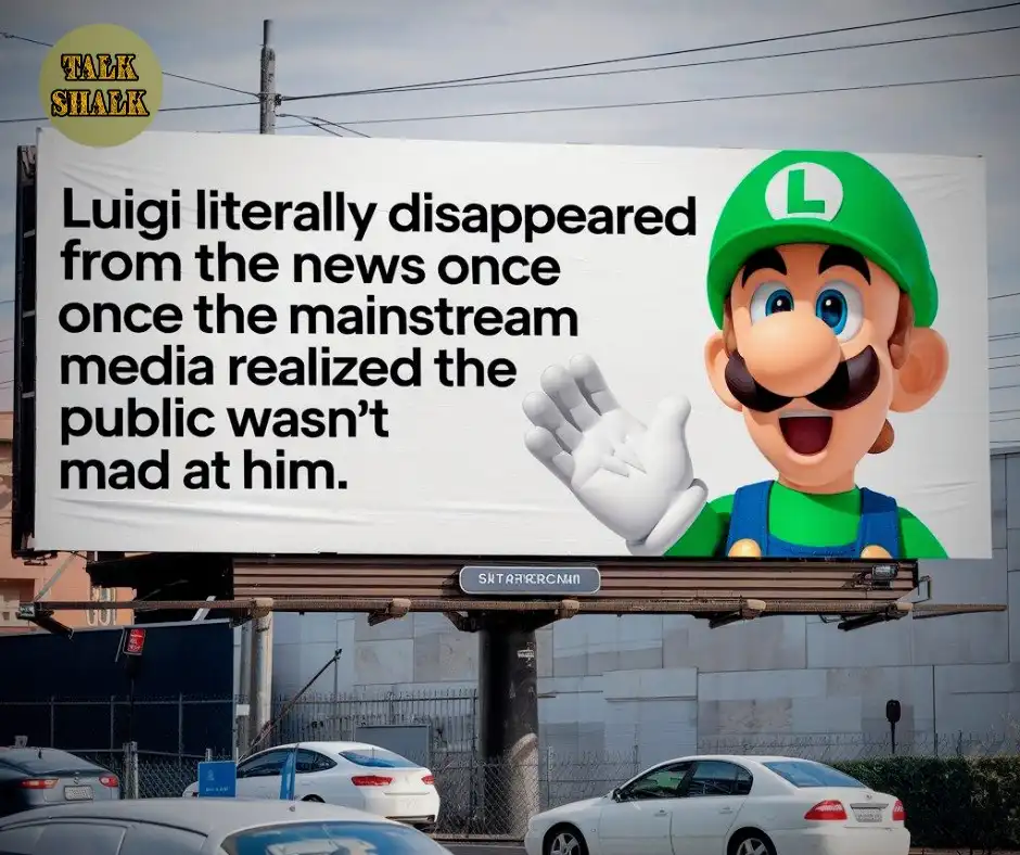 A large outdoor billboard features a cheerful, waving cartoon Luigi from the Mario franchise, wearing his green cap and…