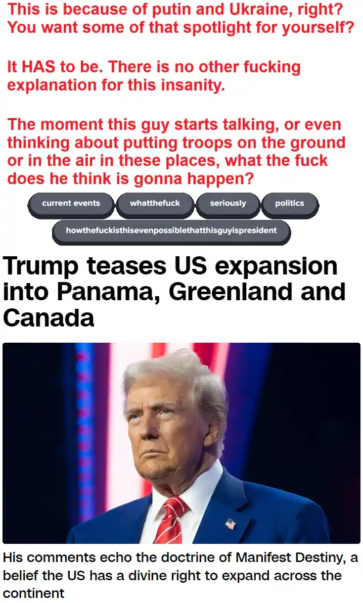 The image shows a photo of Donald Trump looking serious, overlaid with red text expressing disbelief and frustration at his…