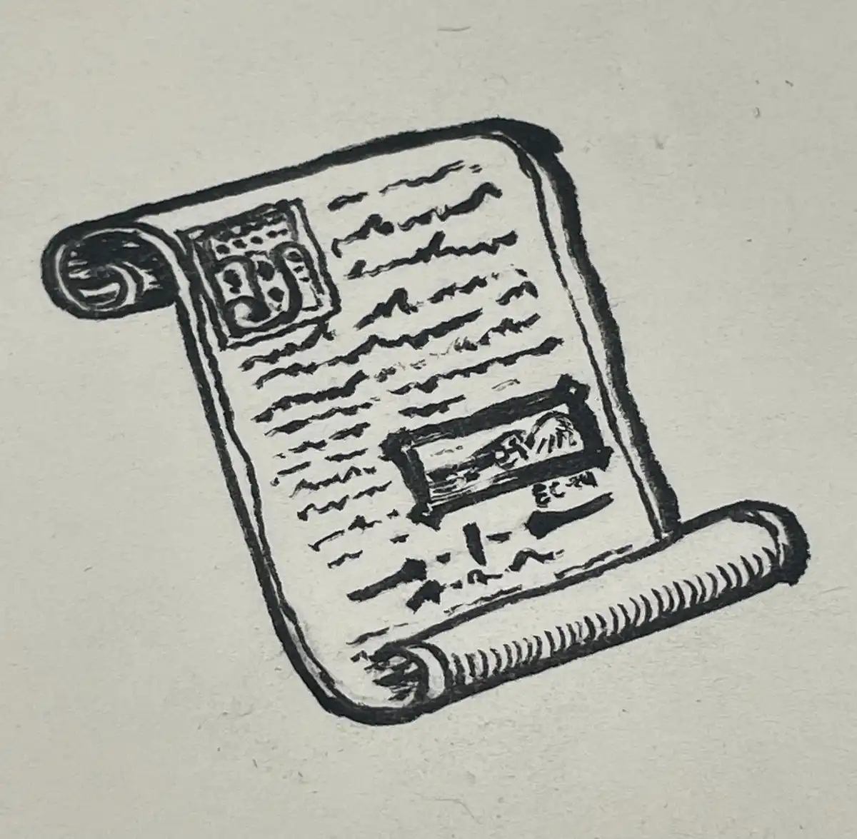 A hand-drawn black-and-white illustration of an ancient scroll with illegible scribbles and two small, stylized images. The…