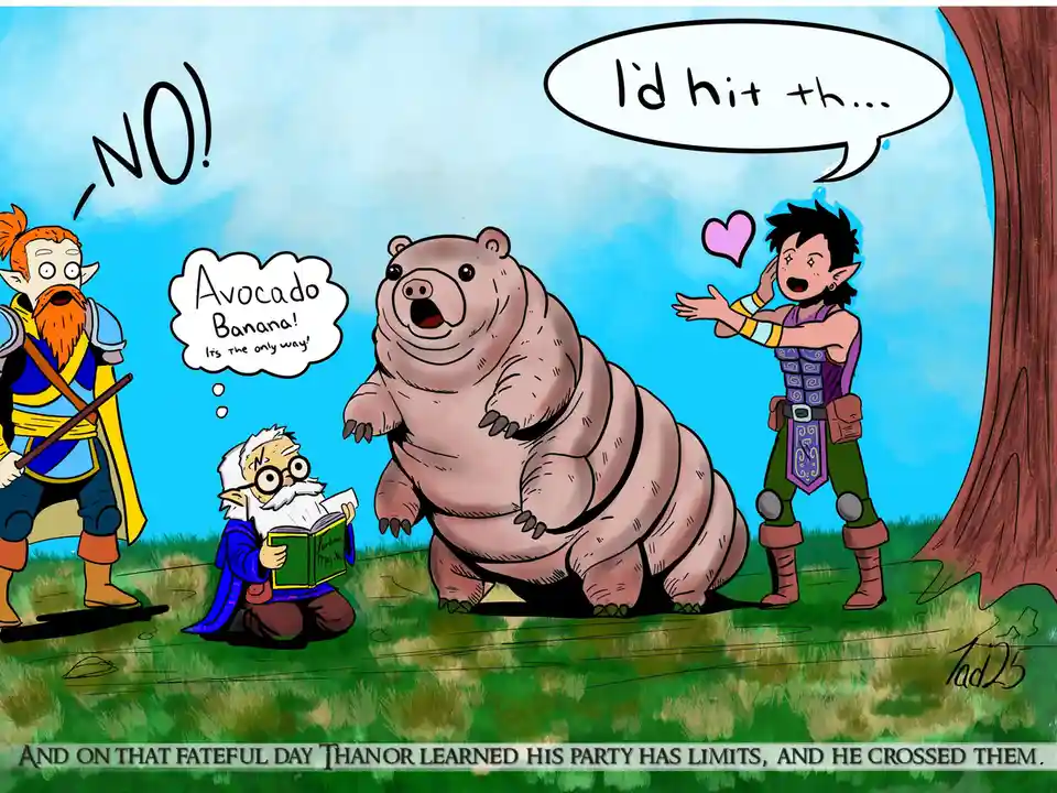 A cartoon fantasy scene shows a large, surprised bear facing a young elf who is blushing and reaching out with a heart above…