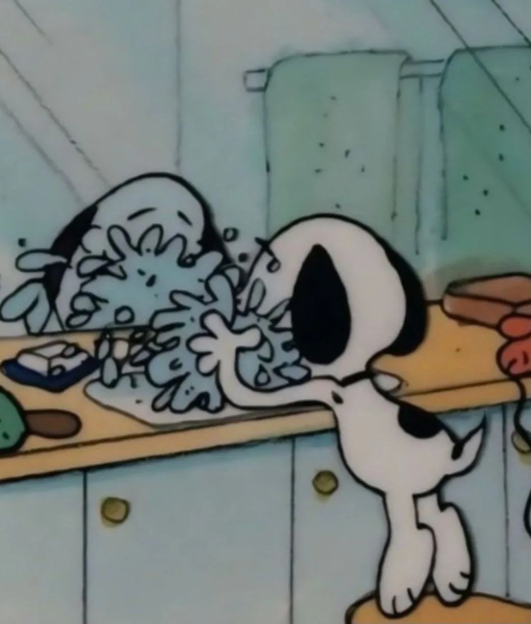A cartoon image shows Snoopy, the black-and-white beagle, standing on a stool at a kitchen sink, covered in blue soap suds…