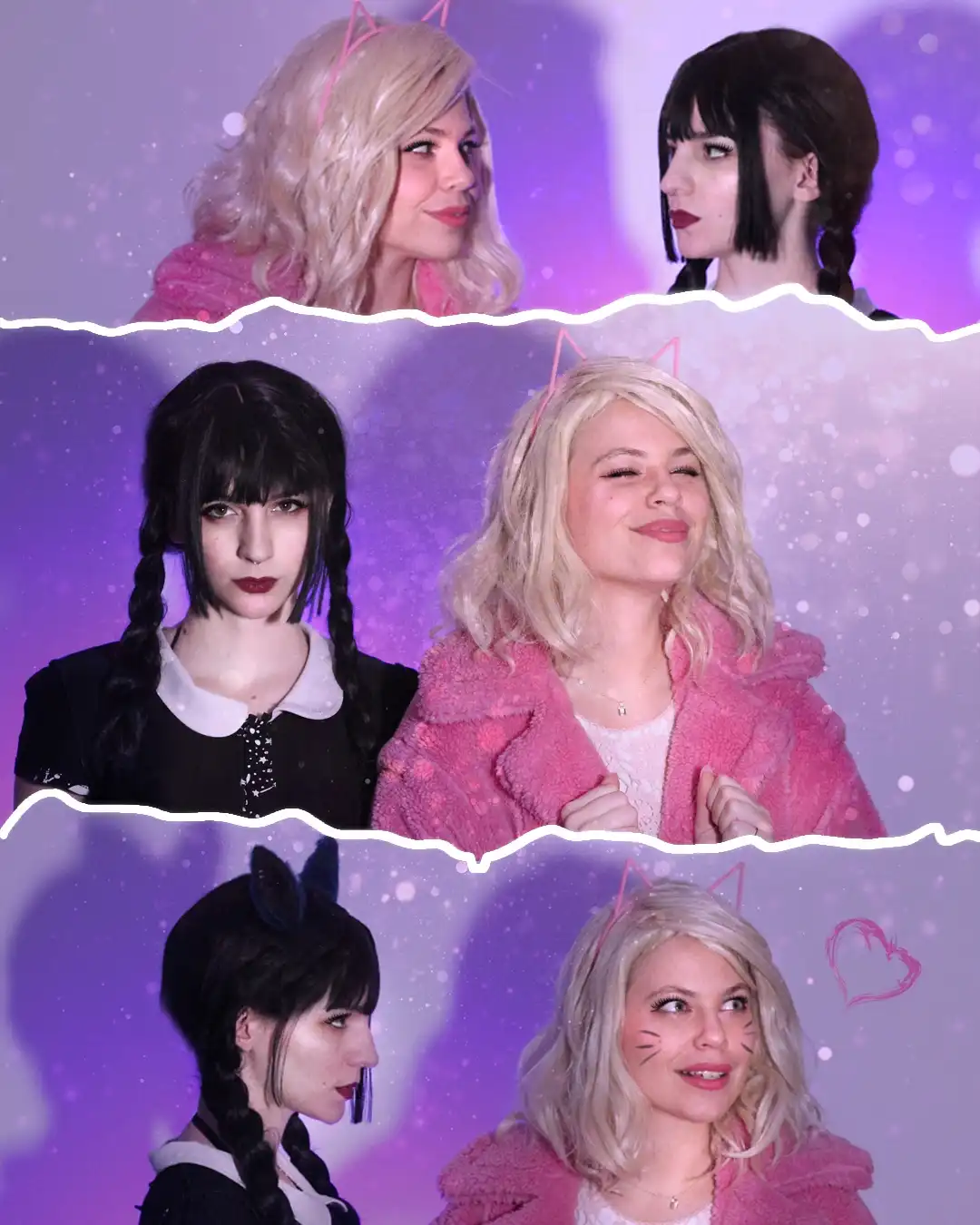 A collage of six photos showing two women in different cat-themed costumes against a purple sparkly background. One woman…