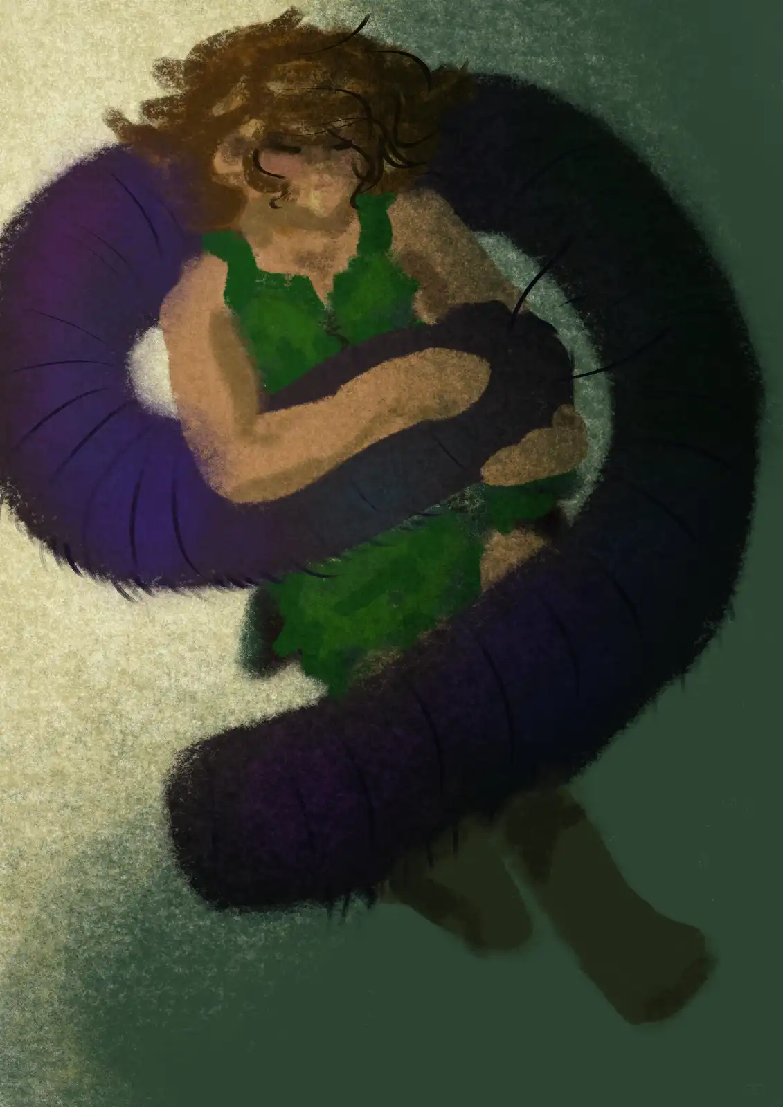 An illustration shows a person with curly brown hair, wearing a green top and dark pants, curled up and sleeping on a large…