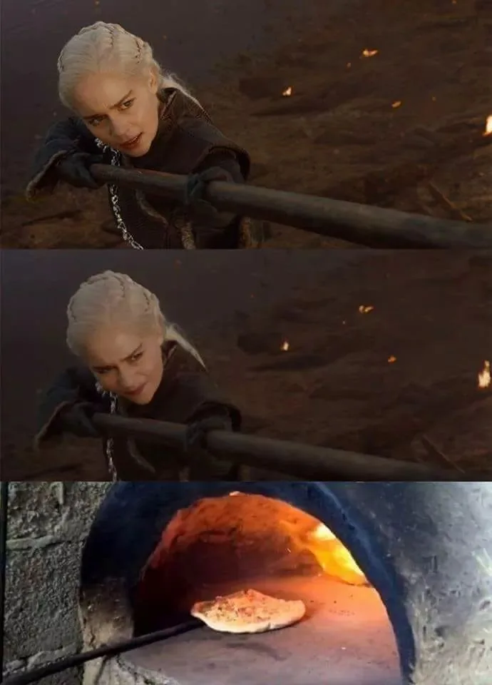 The image is a three-panel meme featuring Daenerys Targaryen from Game of Thrones. In the top two panels, she looks…