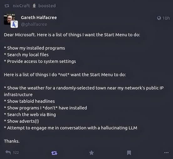 A screenshot of a tweet by Gareth Halfacree listing desired and undesired features for the Windows Start Menu, including…