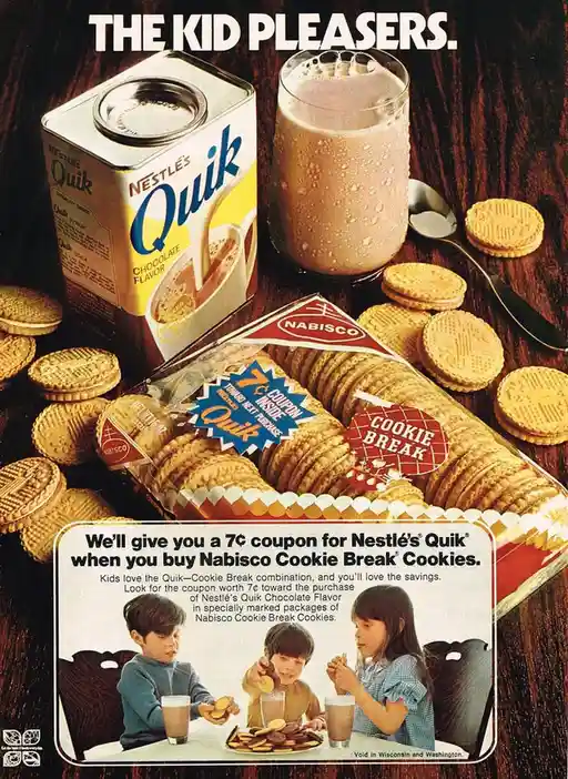 A vintage 1970s print advertisement for Nestlé's Quik and Nabisco Cookie Break cookies, featuring a can of…
