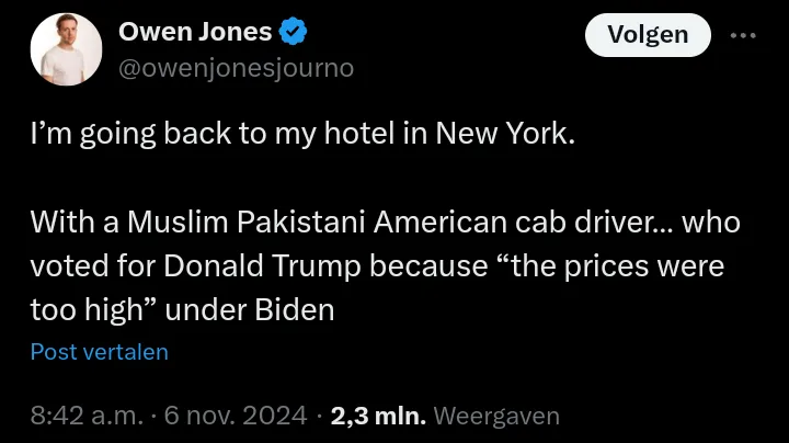 A screenshot of a tweet by Owen Jones showing a tweet that reads 'I'm going back to my hotel in New York. With a Muslim…