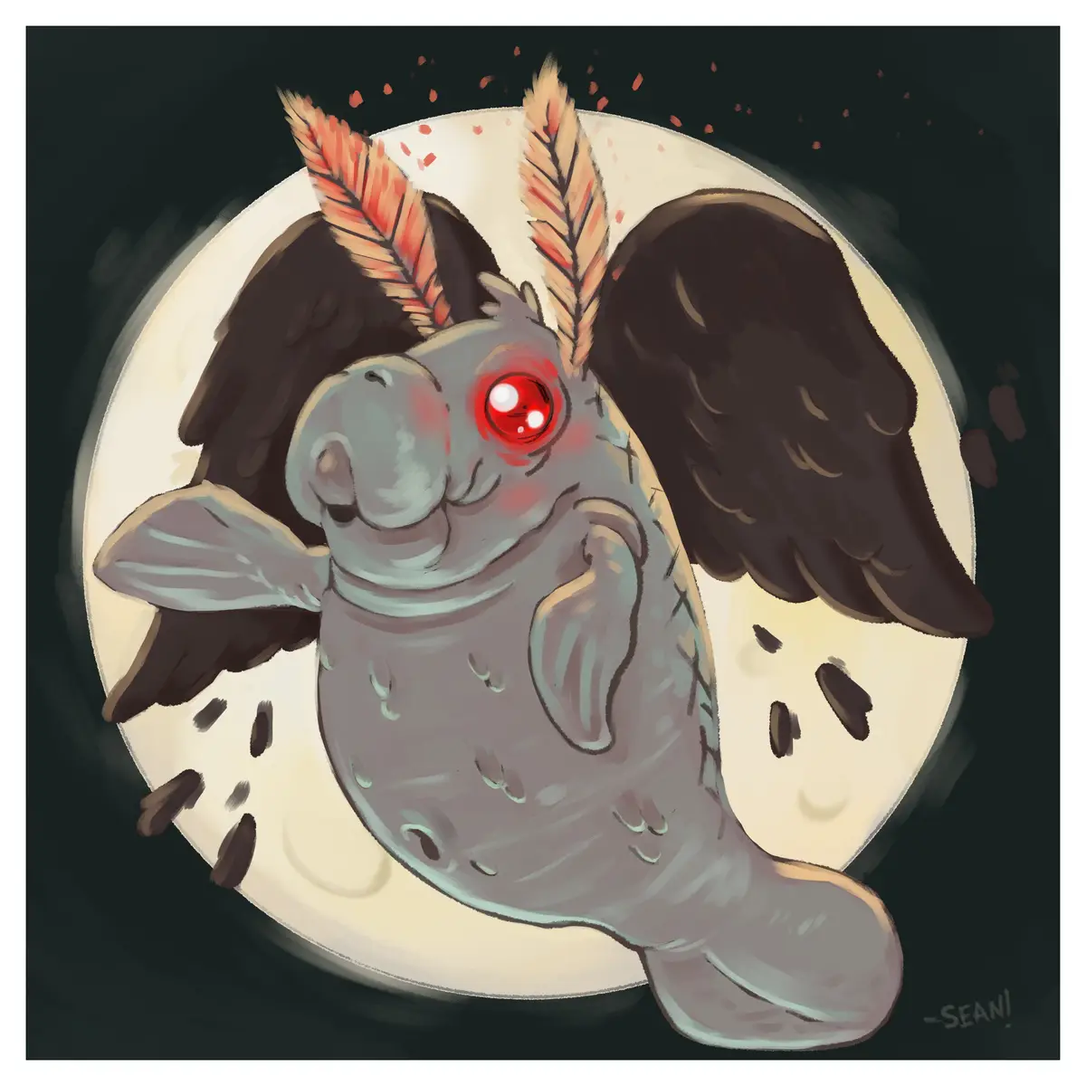 A cartoonish, grey, fish-like creature with dark wings, two feathered horns, and one glowing red eye sits against a full…