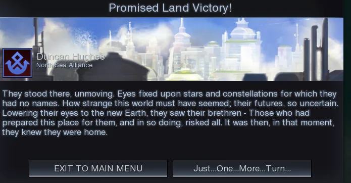 A screenshot from a strategy game shows a 'Promised Land Victory!' screen with a dramatic, poetic narrative about settlers…