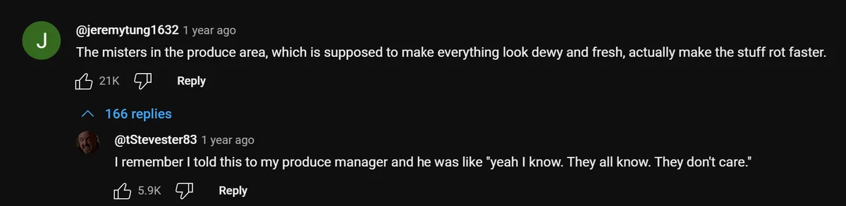 A screenshot of a Reddit comment thread where the top comment notes that misters in a produce area accelerate spoilage, and…