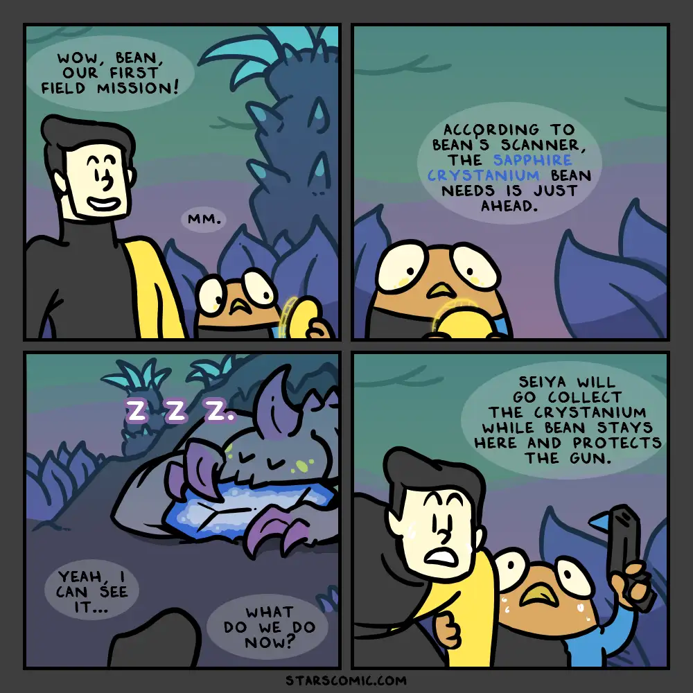 A four-panel comic shows a character named Bean, who is asleep while holding a scanner, and another character named Seiya…