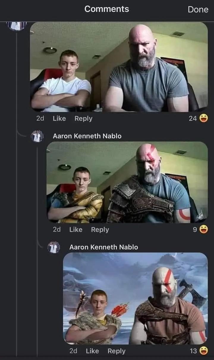 A screenshot of a social media comment thread shows a user progressively editing a photo of two men to look more like the…