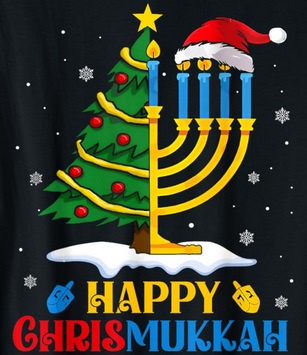 A black t-shirt graphic shows a Christmas tree and a menorah fused together, both decorated with snow and stars. The menorah…