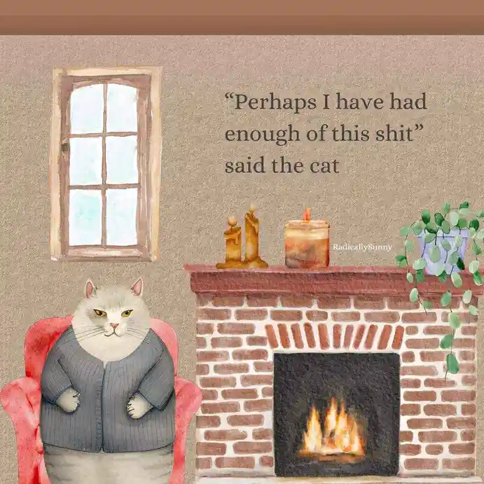 A watercolor illustration shows a grumpy-looking white cat wearing a gray cardigan and sitting in a red armchair next to a…