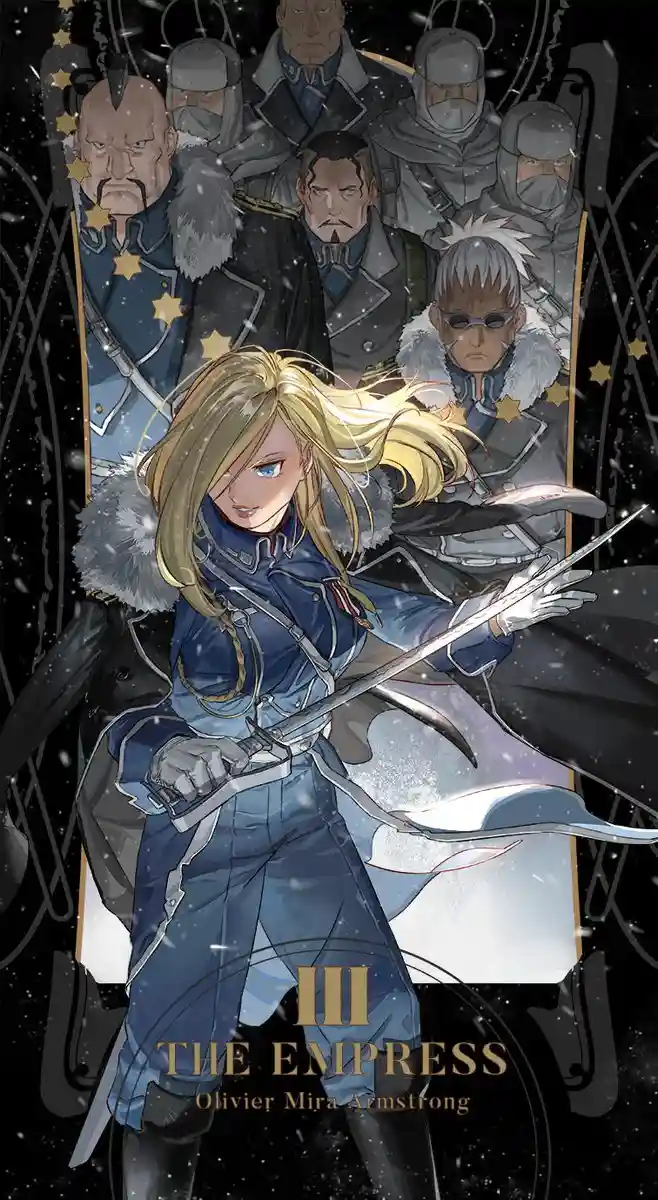 An anime-style illustration features a blonde woman in a blue military uniform with a fur collar, holding a sword and…