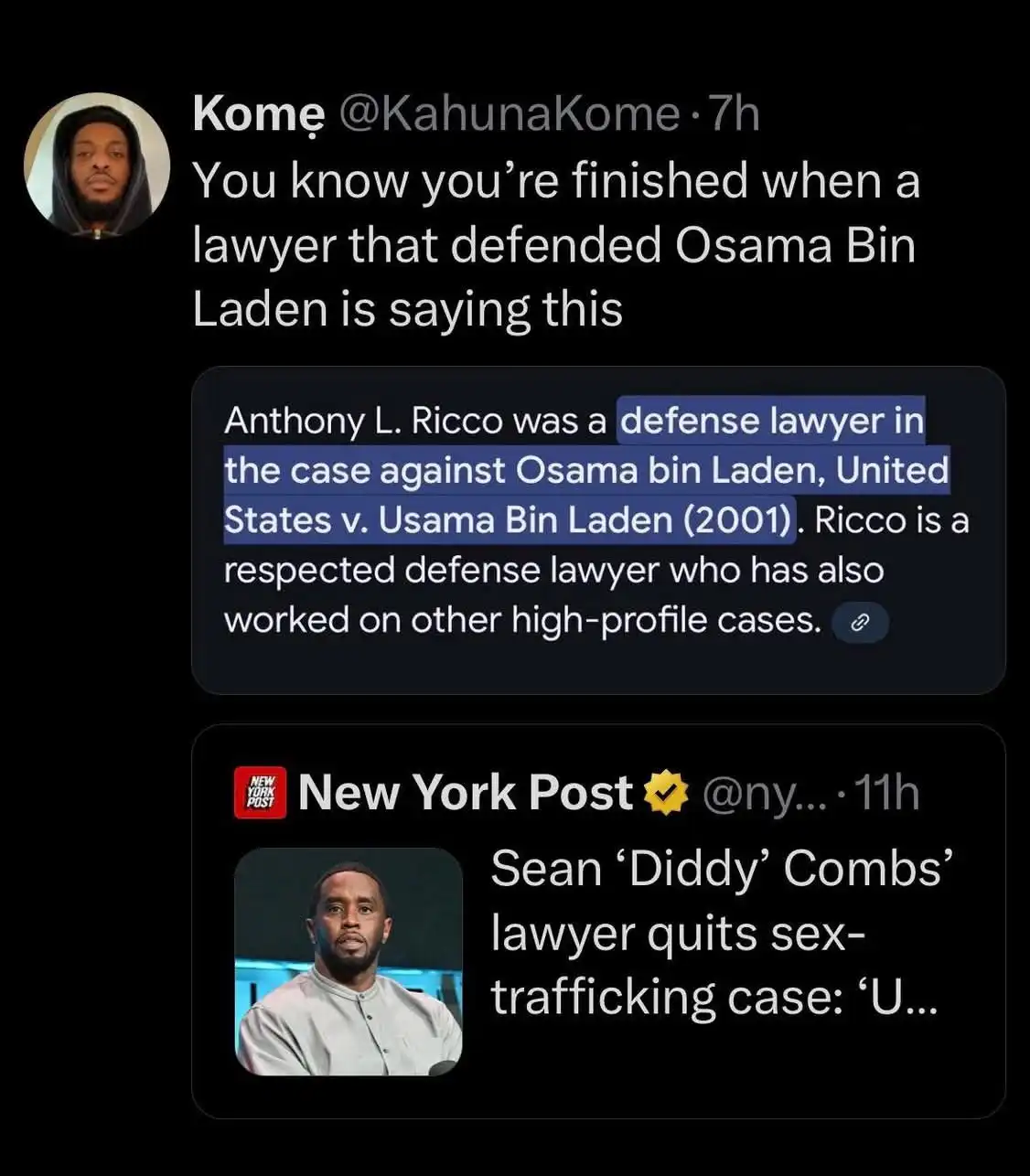 A screenshot of a Twitter thread shows a user quoting a biographical text about Anthony L. Ricco, a defense lawyer for Osama…