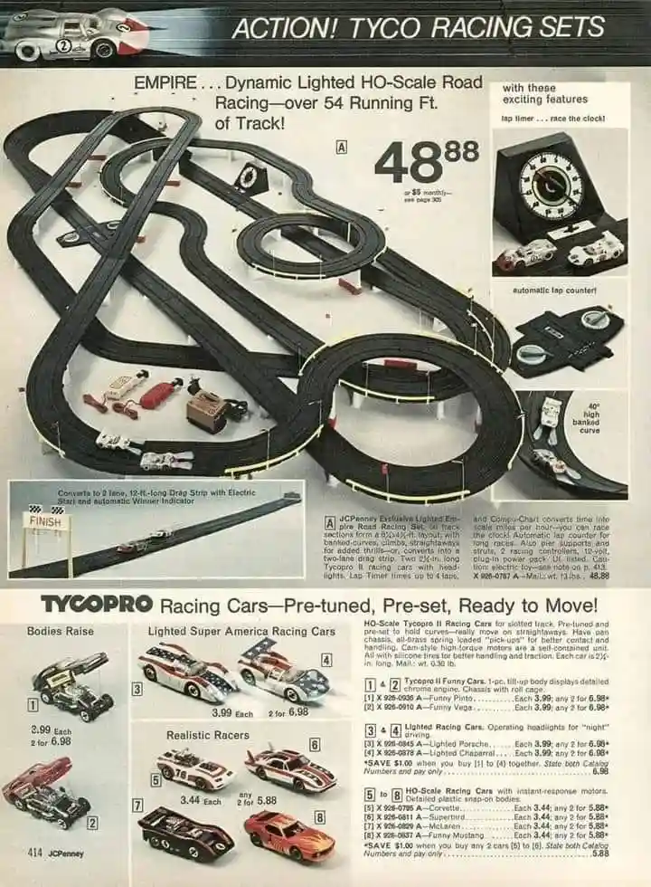 An old JCPenney advertisement for Tyco racing sets, featuring a large HO-scale track layout, various model cars, and pricing…