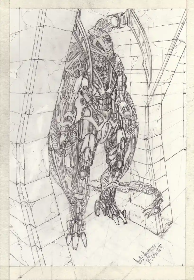 A detailed pencil sketch of a heavily armored, biomechanical creature standing in a tiled room, holding a large curved…