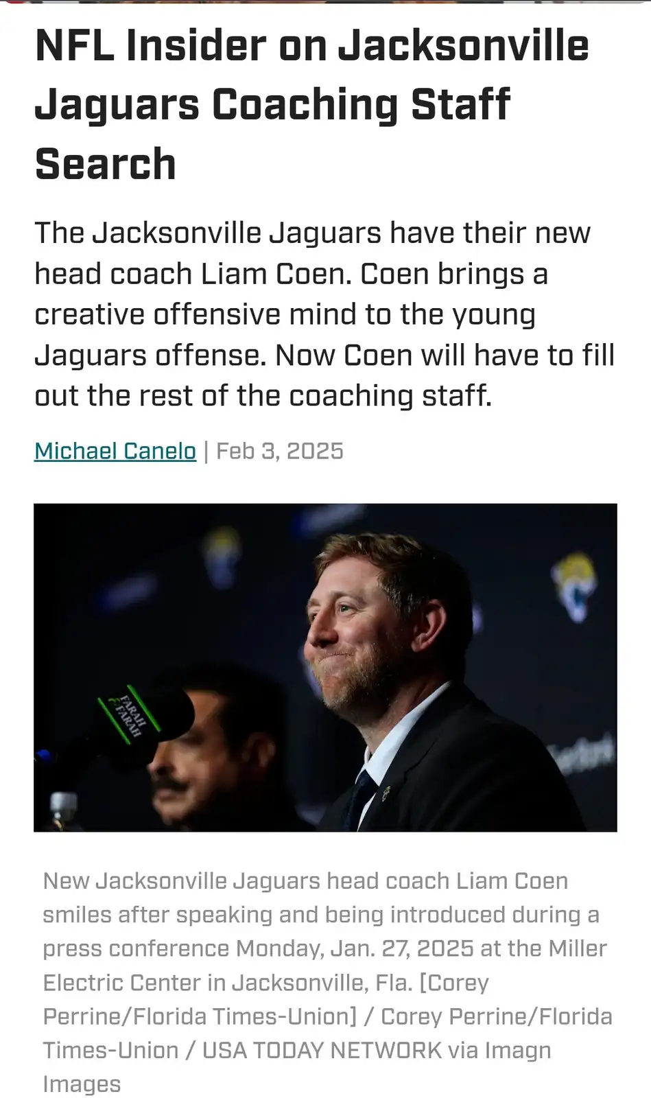 A screenshot of a news article about the Jacksonville Jaguars hiring Liam Coen as head coach, featuring a photo of Coen…