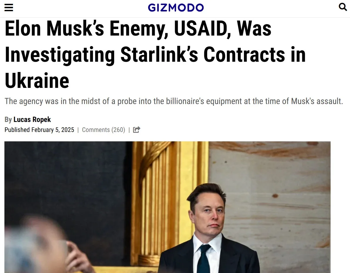 A screenshot of a Gizmodo article headline showing Elon Musk looking serious in a suit, with the text 'Elon Musk's Enemy…