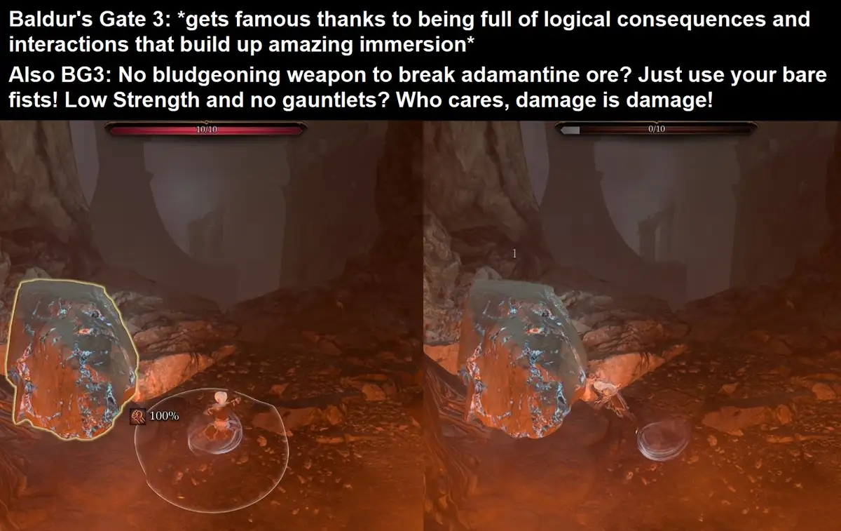 The image shows two side-by-side game screenshots from Baldur's Gate 3, depicting a character attempting to break a large…