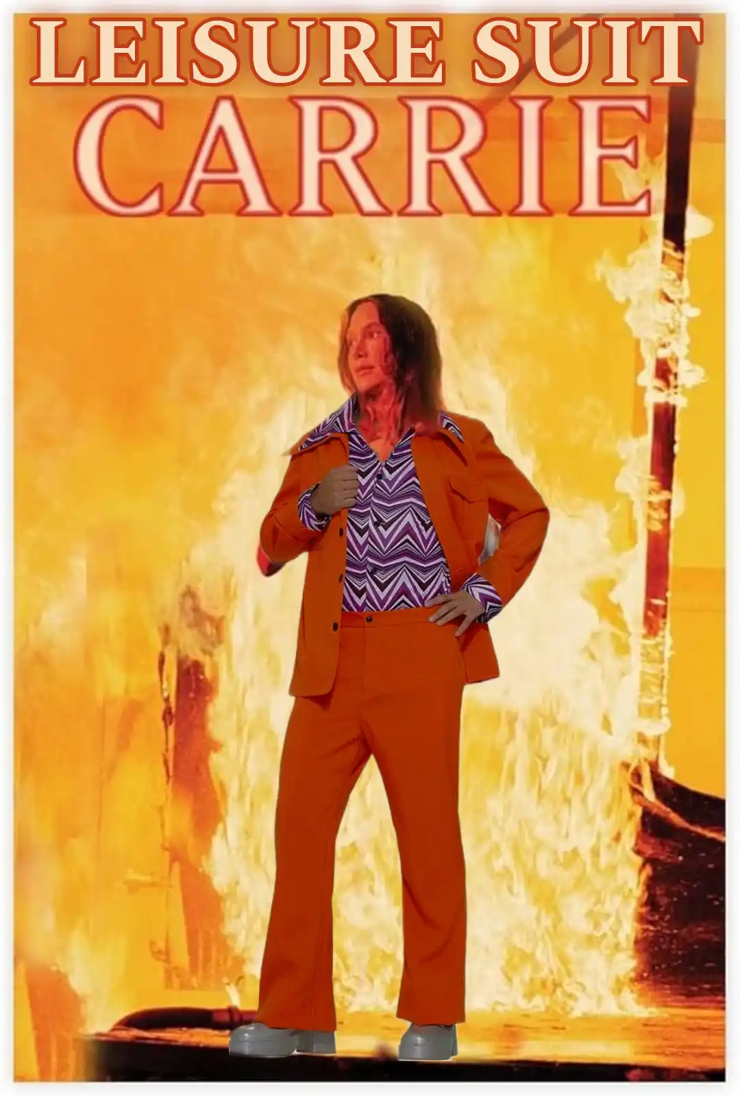 A person in a bright orange leisure suit with a purple and white patterned shirt stands confidently against a fiery…