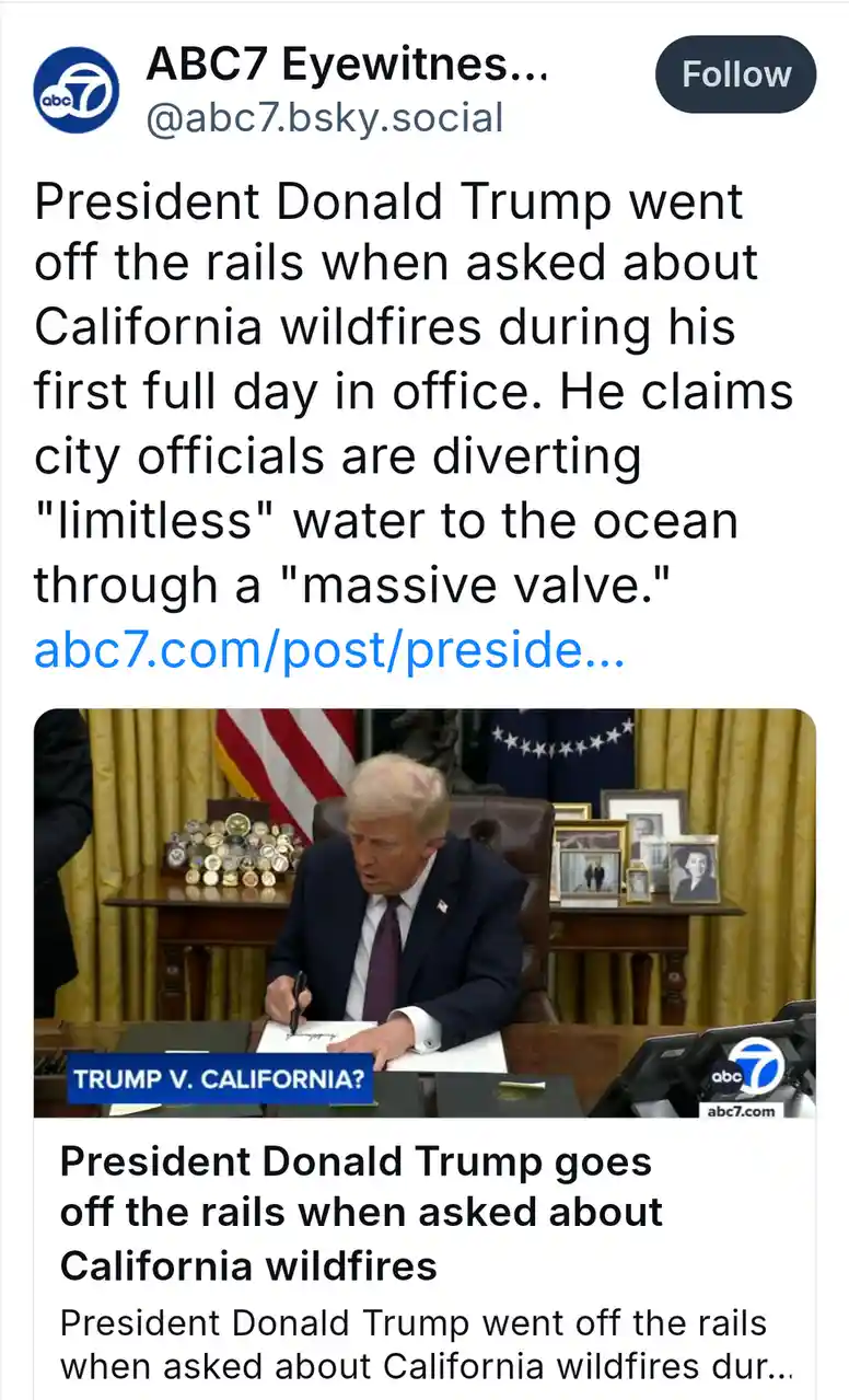 A screenshot of a social media post from ABC7 Eyewitness showing a photo of Donald Trump seated at a desk in the Oval…