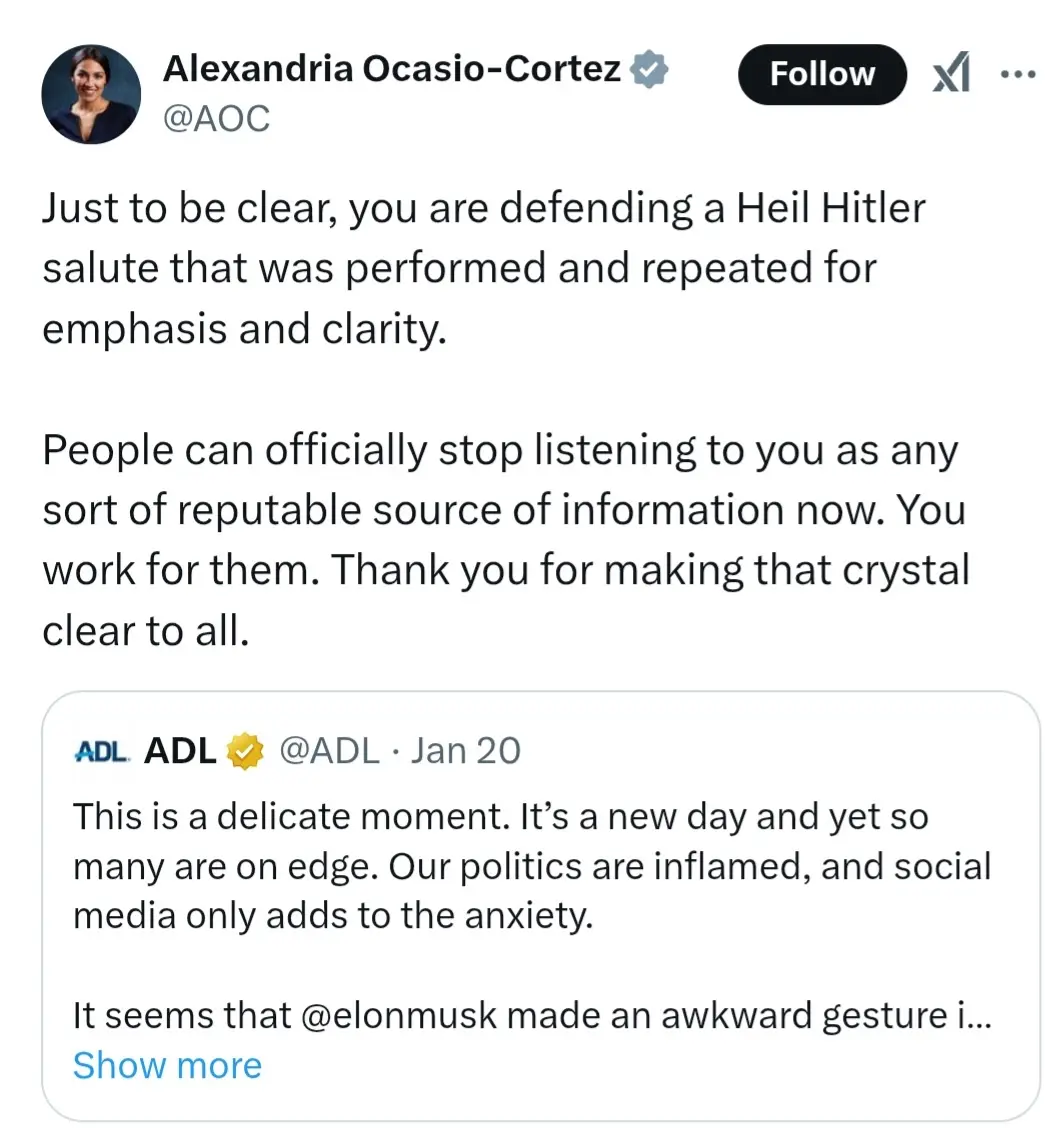 A screenshot of a Twitter thread showing a tweet from Alexandria Ocasio-Cortez (@AOC) responding to the Anti-Defamation…