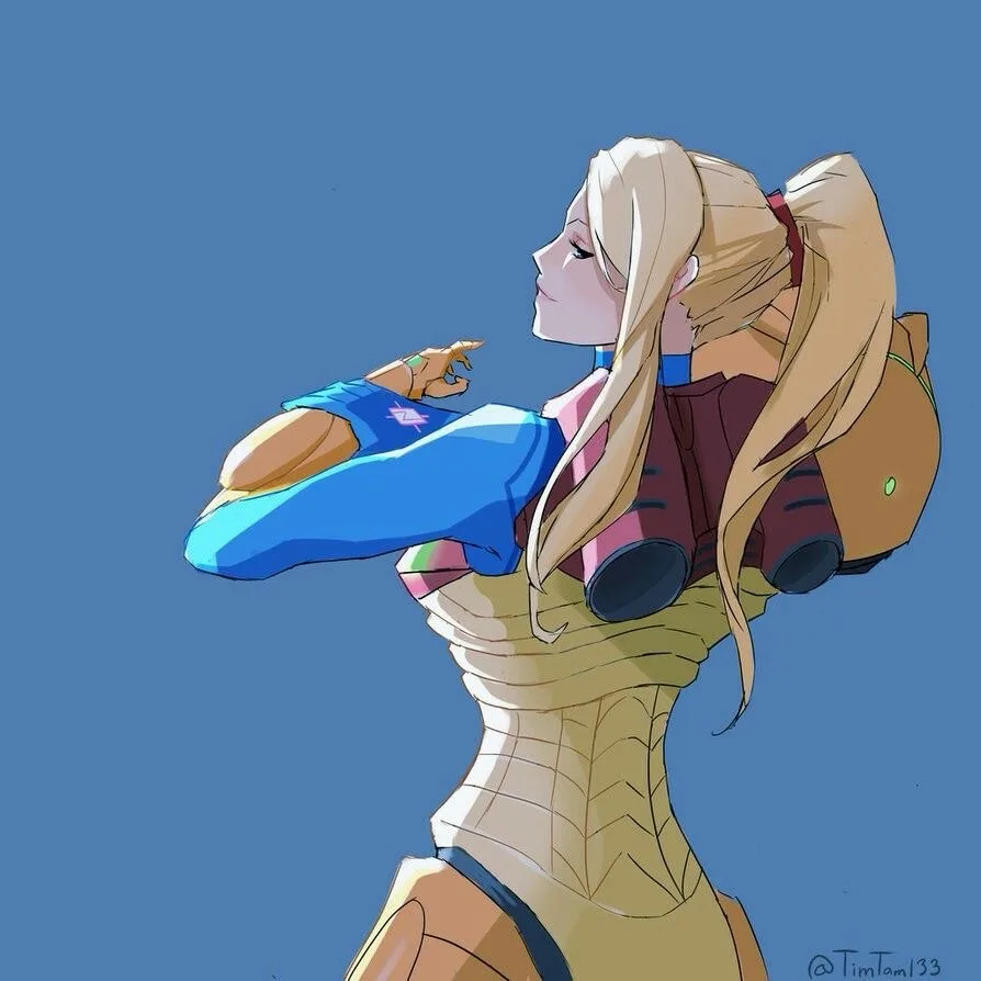 An anime-style illustration of a blonde woman in a futuristic outfit with a blue background, looking away while crossing her…