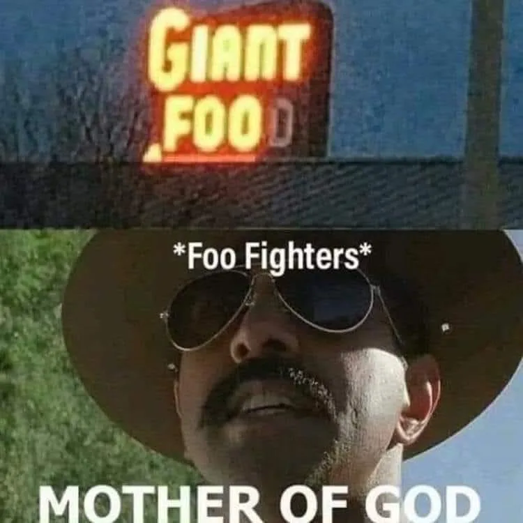 The image is a two-panel meme. The top panel shows a lit-up 'GIANT FOOD' sign against a blue sky. The bottom panel features…