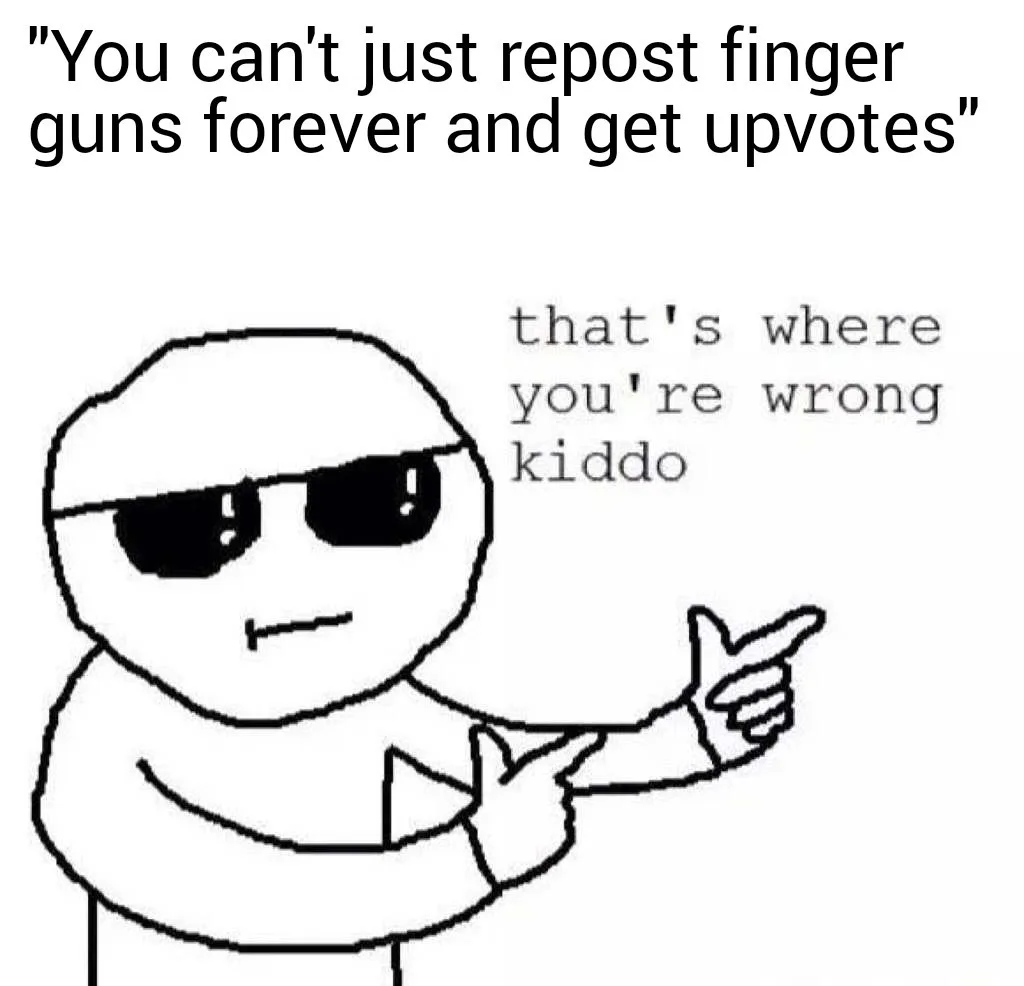 A black-and-white cartoon drawing of a stick figure wearing sunglasses and pointing with both hands. The figure has a smug…