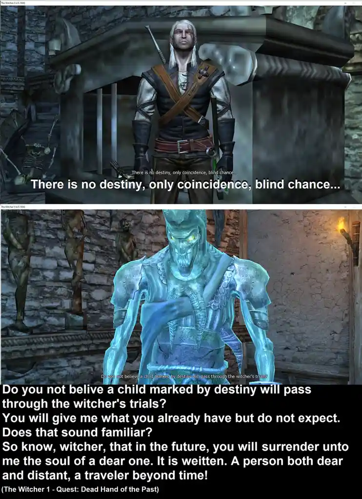 The top panel shows Geralt of Rivia from The Witcher, standing in a stone room with a skeleton nearby, overlaid with the…