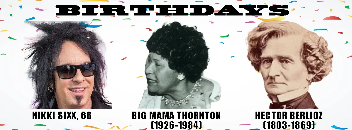 A celebratory image with confetti background and the word 'BIRTHDAYS' at the top, featuring three portraits: a modern rock…